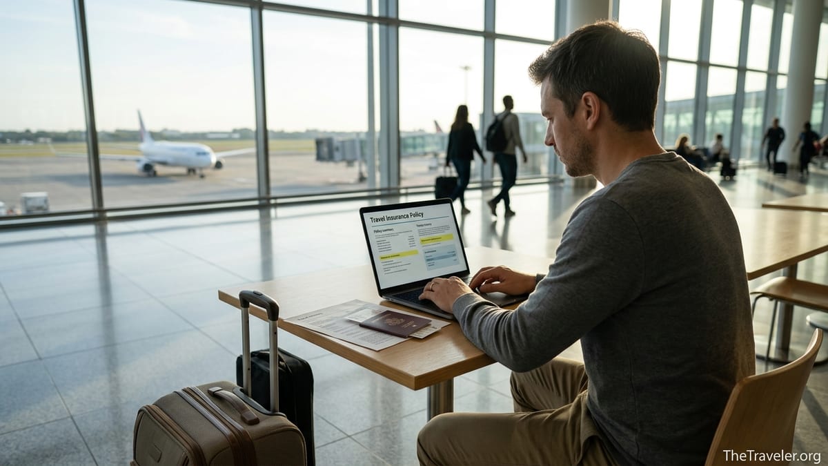 Traveler reviewing April International travel insurance on a laptop at an airport gate.