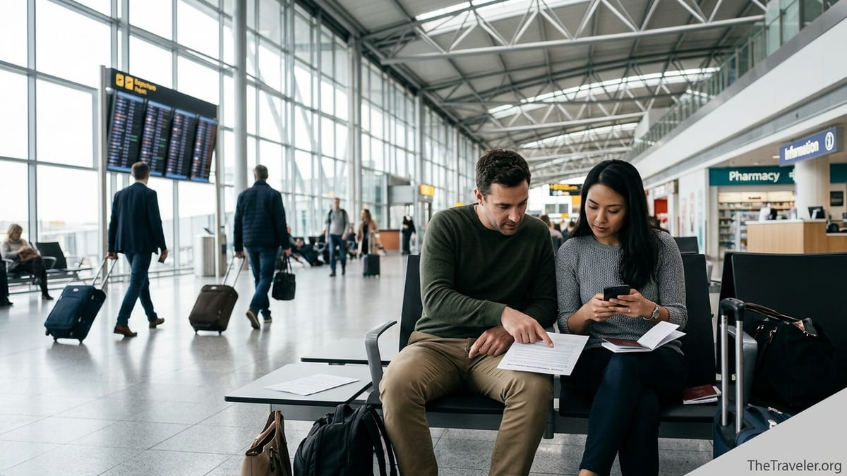Travelers review medical travel insurance documents in a bright international airport terminal.