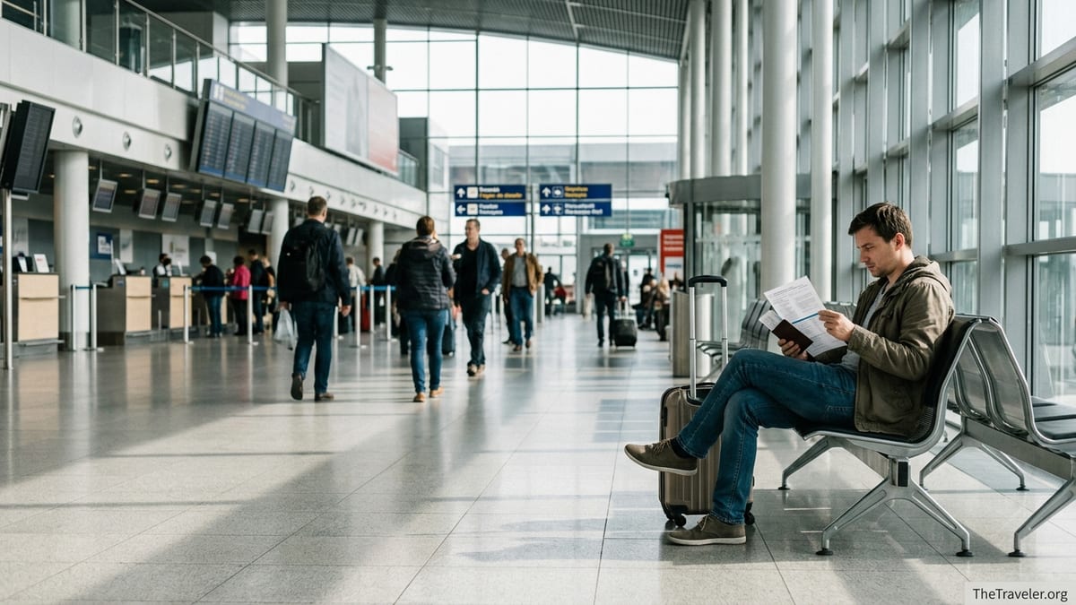 Traveler reading travel insurance documents in a bright airport departure hall.