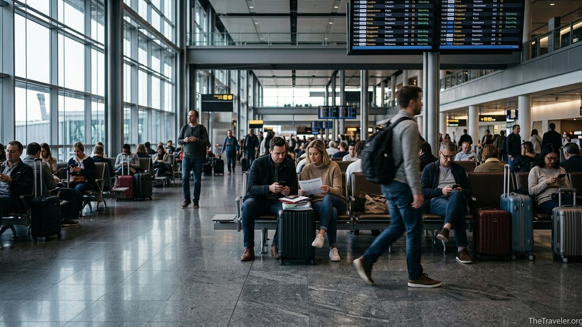 Travelers with luggage review travel insurance documents in a busy airport terminal.
