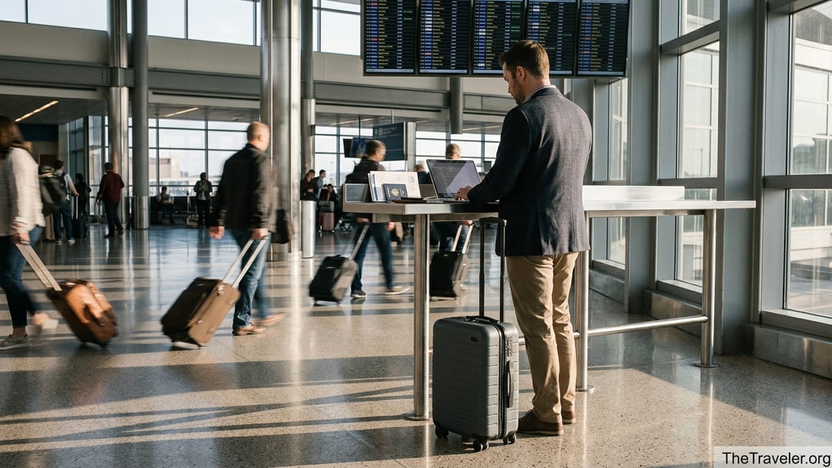 Frequent traveler with laptop and suitcase reviewing documents in a bright airport terminal.