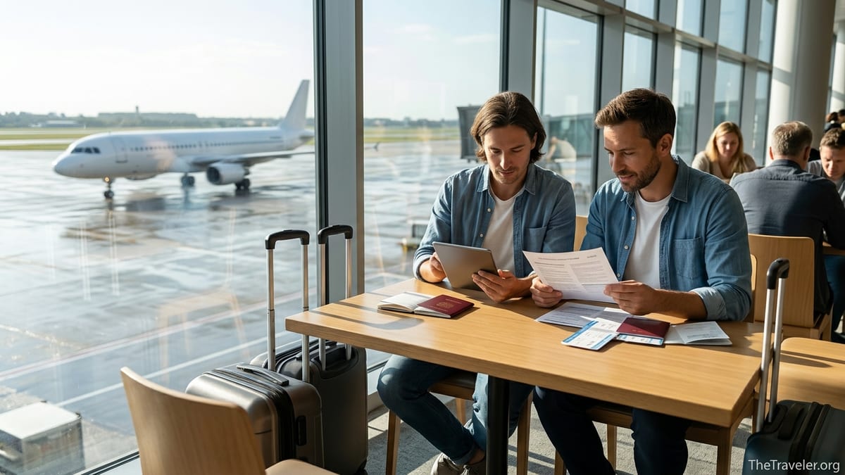 Traveler in an airport lounge comparing travel insurance documents with a laptop.