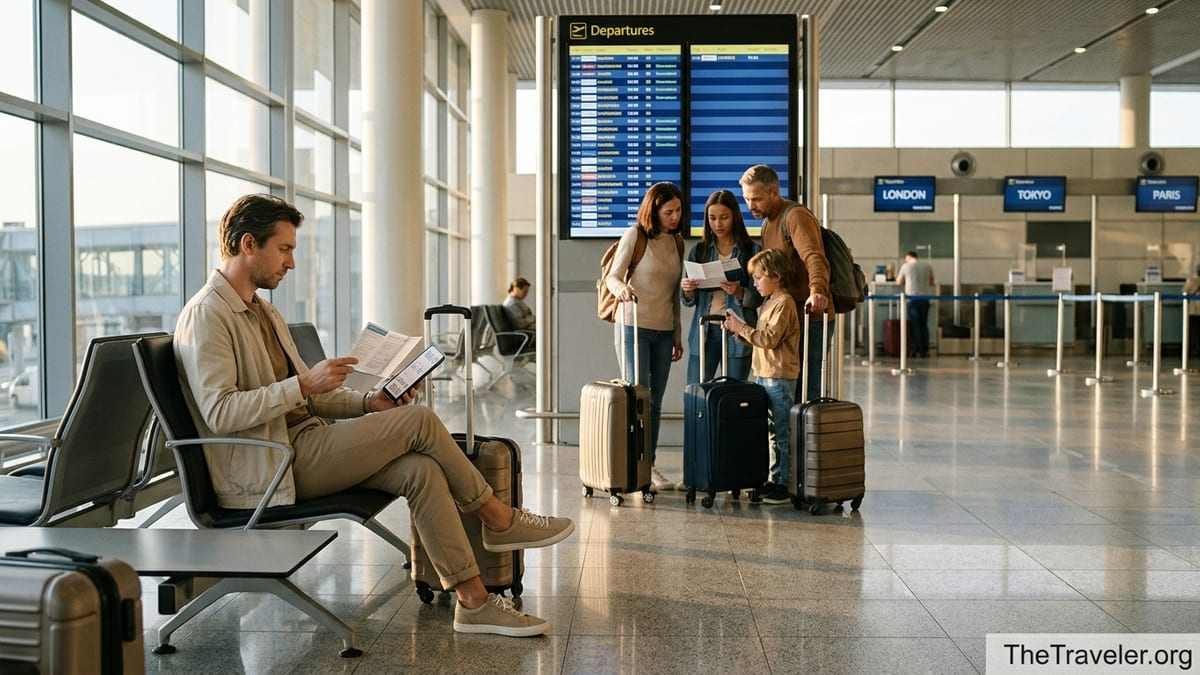 Traveler reviewing insurance documents in a busy airport terminal before a flight.