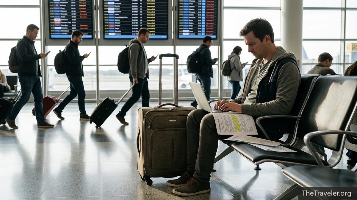 Traveler reviewing travel insurance papers in an airport terminal with delayed flights on the board.
