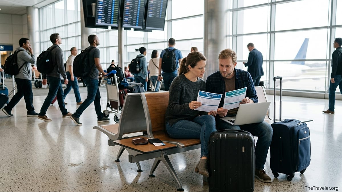 Travelers in an airport comparing two printed travel insurance policies before a flight.