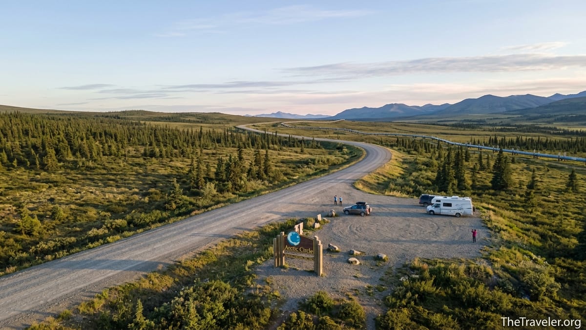 Aerial view of Alaska’s Dalton Highway crossing at the Arctic Circle sign in summer tundra light.