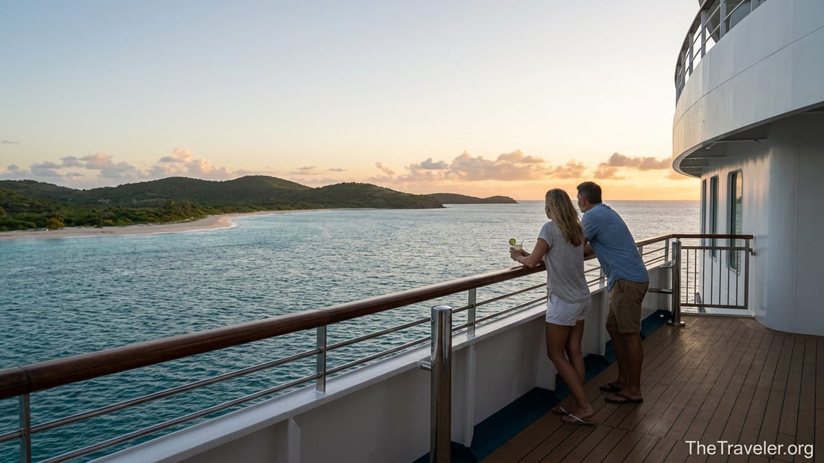 Couple standing on a cruise ship deck at sunset looking toward a tropical island