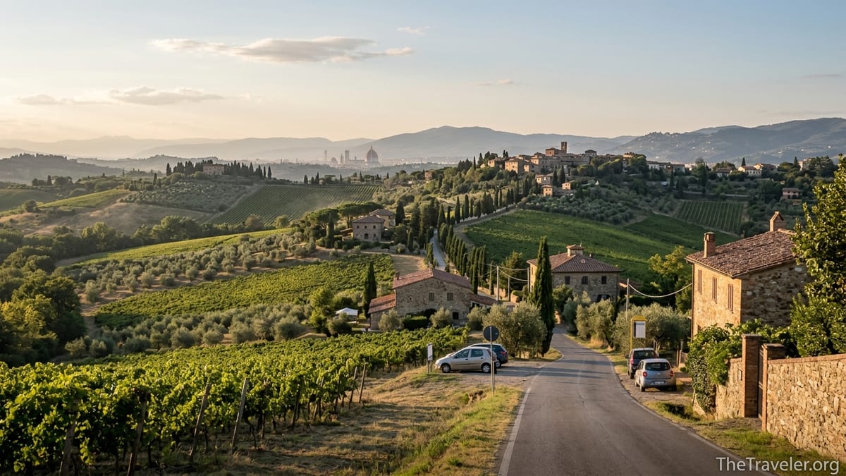 Tuscan hills with vineyards and a distant hill town seen from a road near Florence at golden hour.