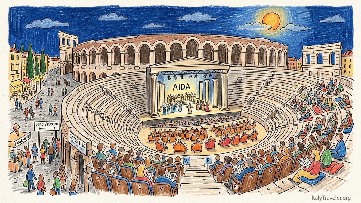 Evening opera at Arena di Verona with full audience and illuminated stage under a deep blue sky.