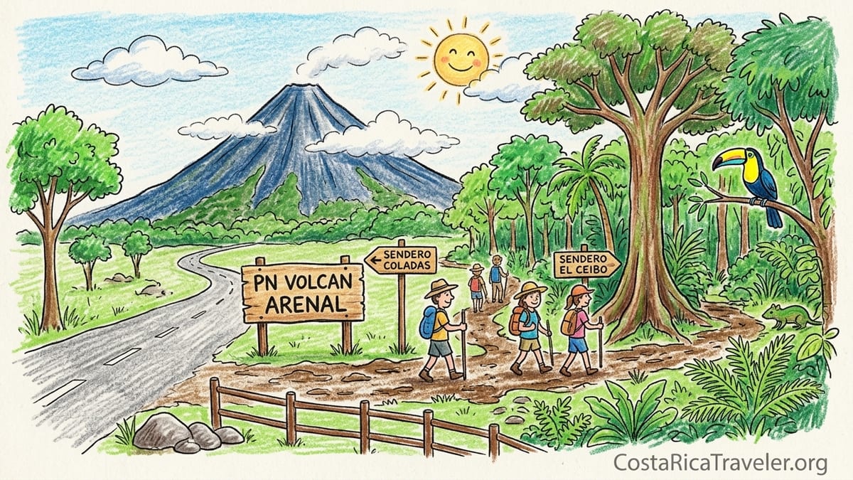Hikers on a lava trail in Arenal Volcano National Park with Arenal Volcano partly wrapped in clouds.