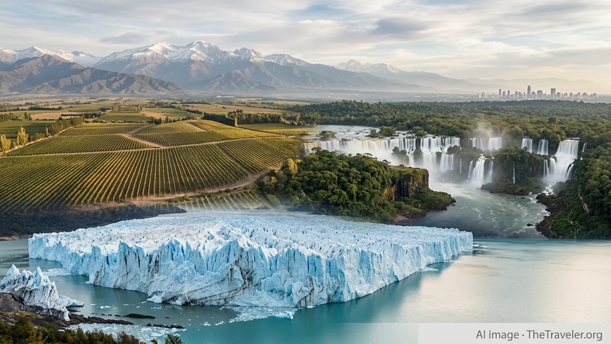 Aerial view of Argentine glacier, vineyards, jungle and waterfalls under the Andes at sunset.