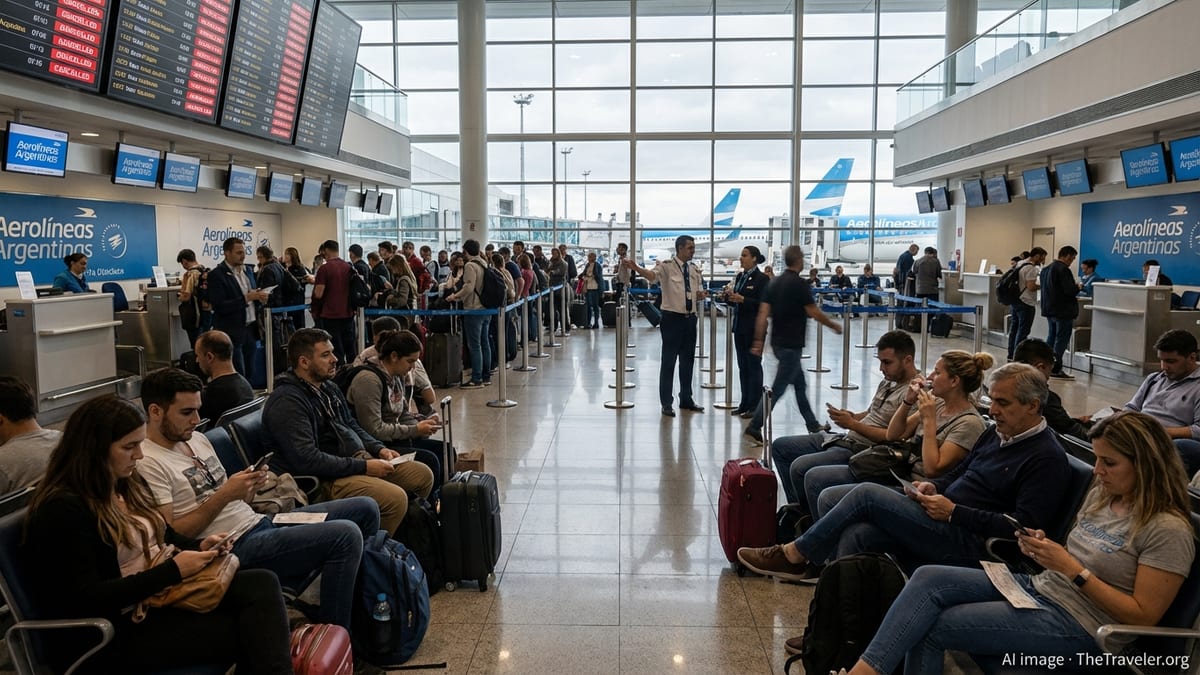 Stranded passengers crowd Aerolíneas Argentinas check-in area during nationwide strike in Buenos Aires airport.