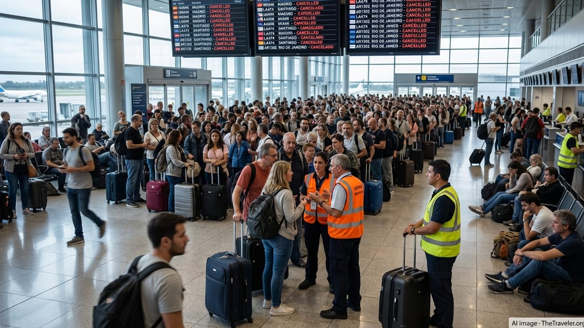 Crowds of stranded passengers queue under cancelled flight boards at Buenos Aires airport.