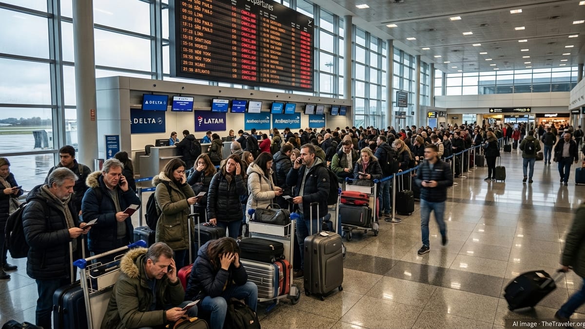 Crowded Buenos Aires airport terminal with canceled flights on the departure board.