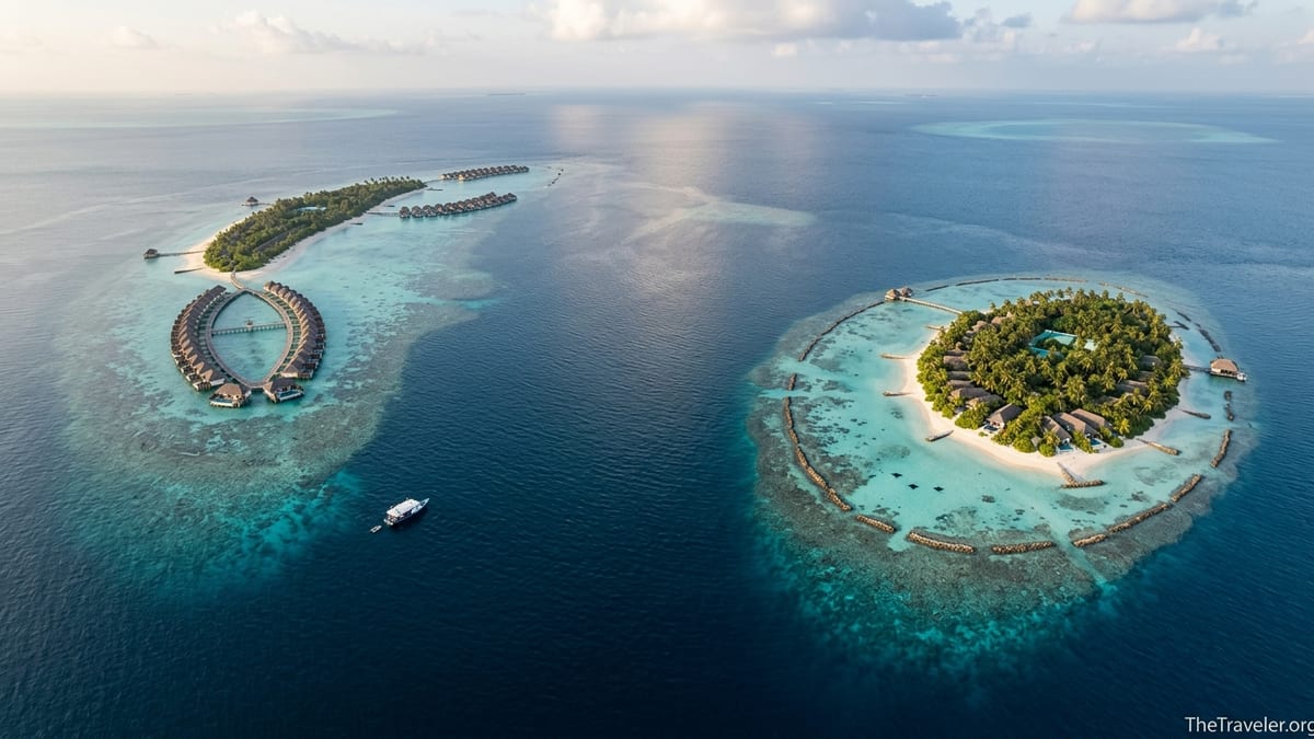 Aerial view of two Maldives islands with overwater villas and reef-fringed lagoons at golden hour.