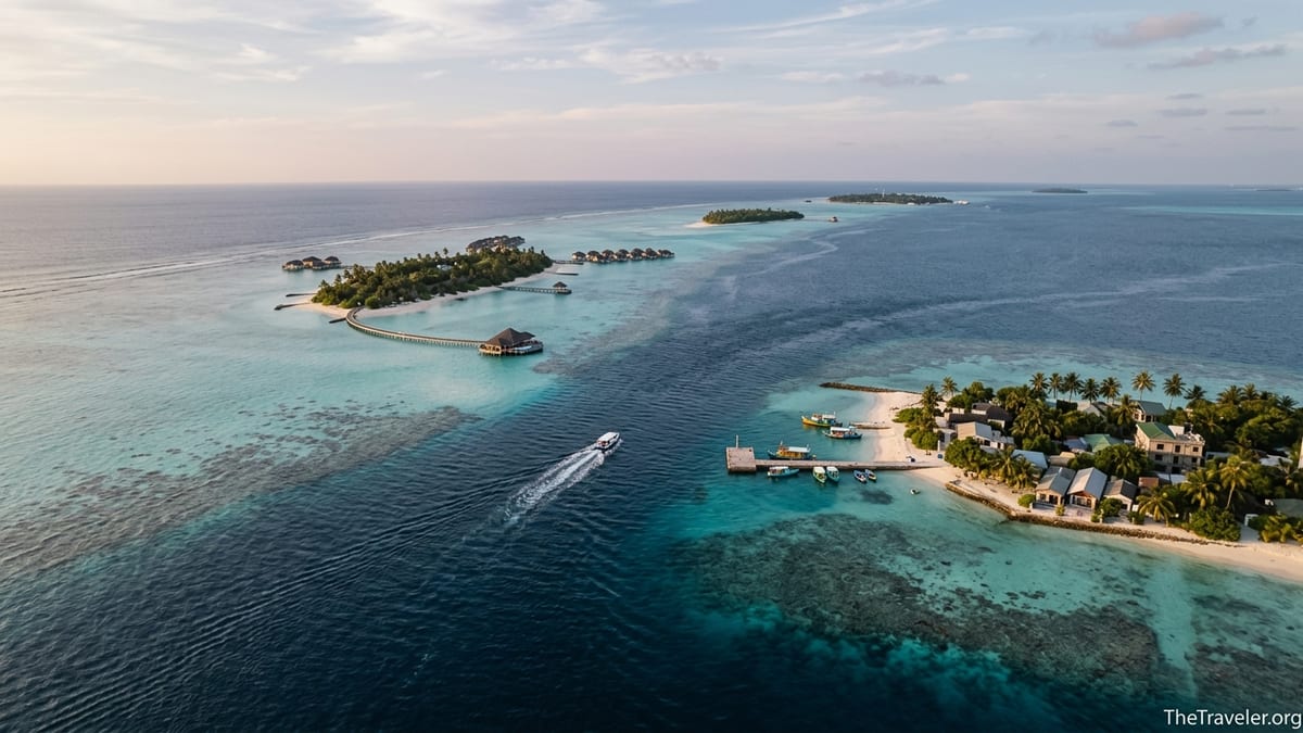 Aerial view of Maldivian islands with overwater villas and local village in turquoise lagoon.