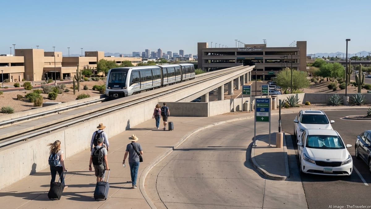 Travelers walking toward the PHX Sky Train and Rental Car Center at Phoenix Sky Harbor Airport.