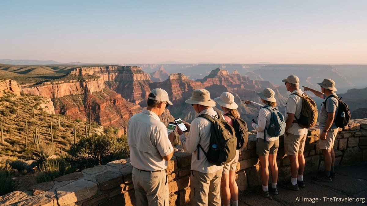 Travelers viewing the Grand Canyon at sunset, checking a digital pass on a phone at a stone overlook.