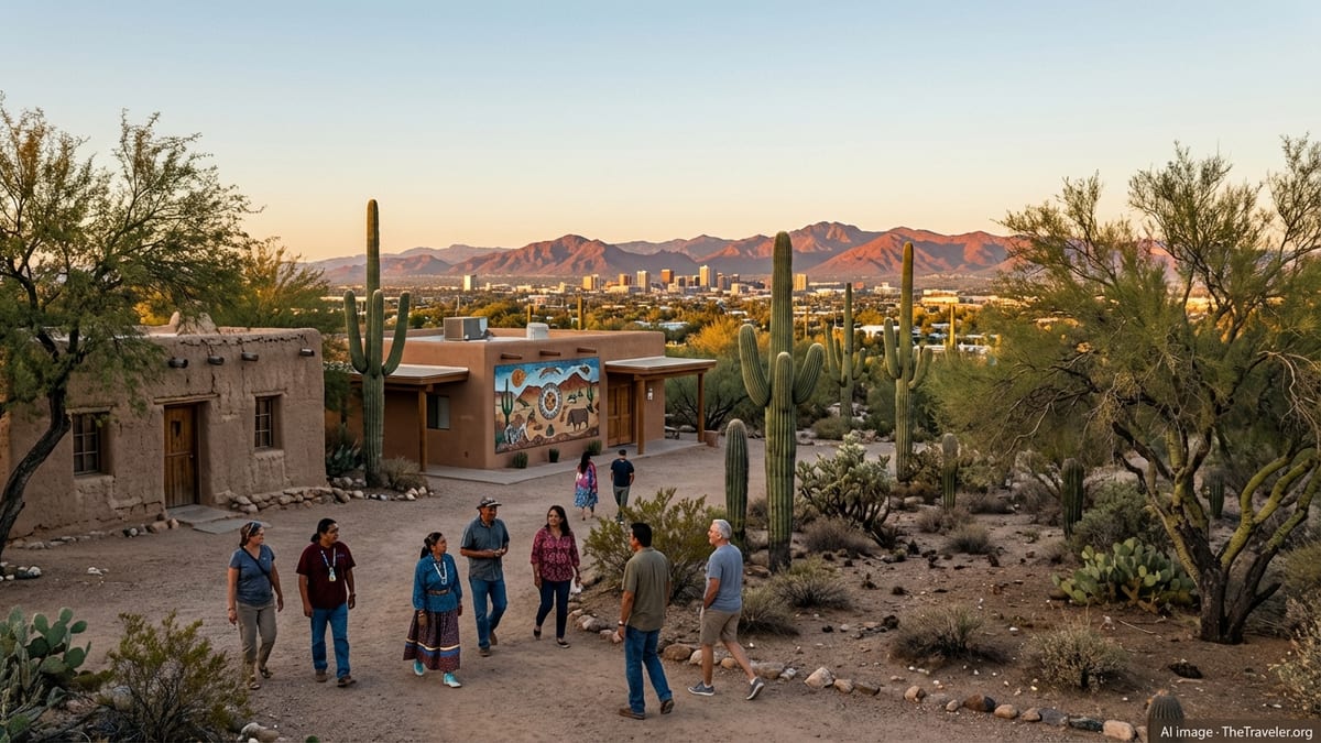 People walking near adobe buildings and saguaros with an Arizona city skyline at sunset.