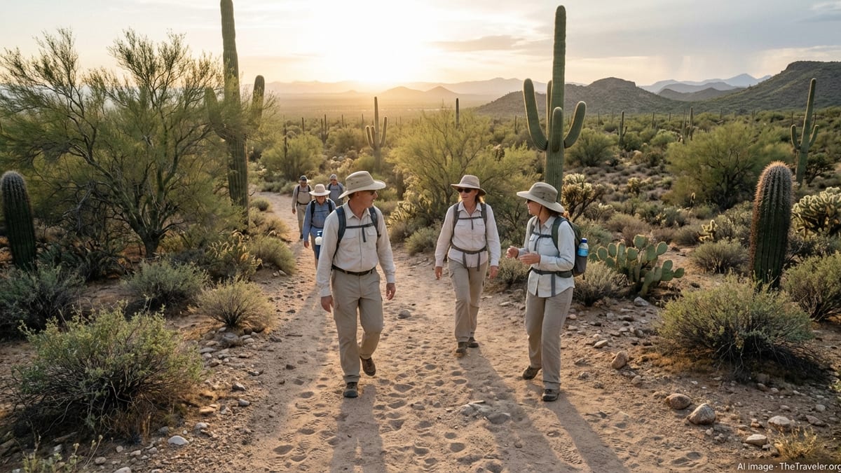 Hikers with water packs walking a Sonoran Desert trail among saguaro cacti in late afternoon light in Arizona.