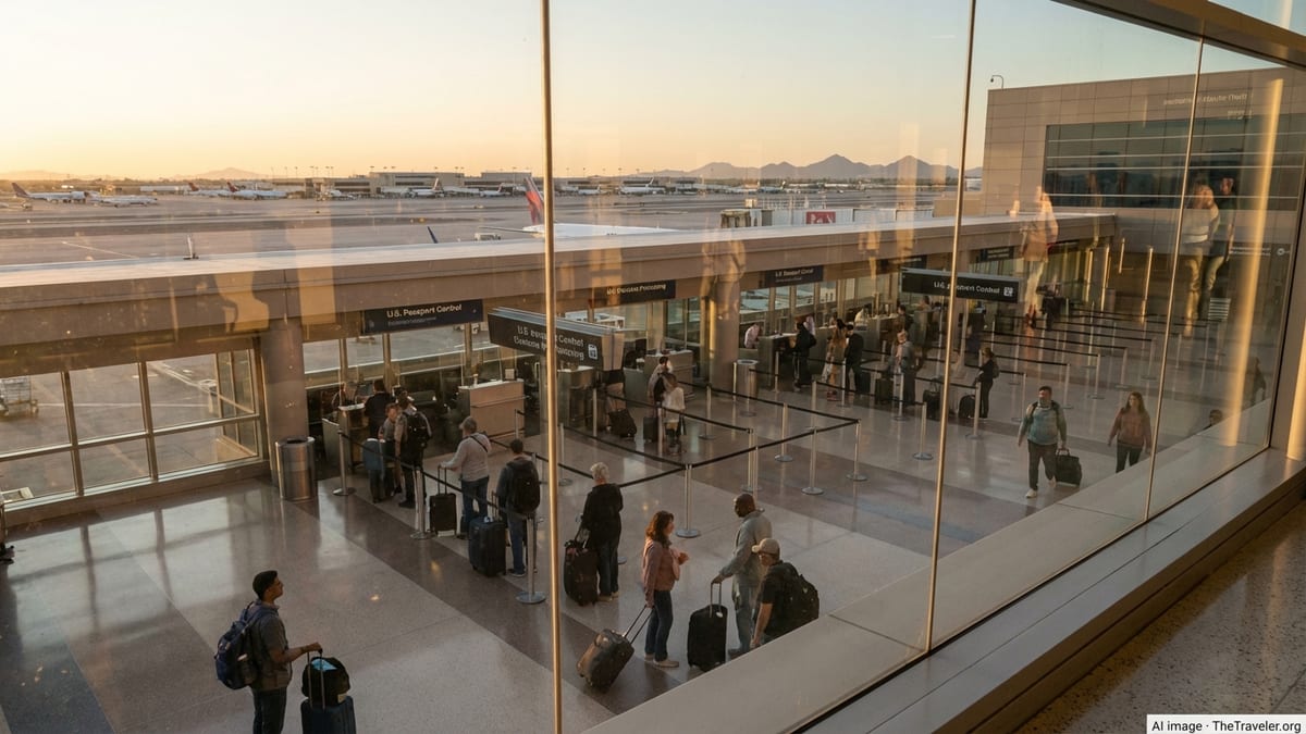 Travelers queue at passport control in Phoenix airport with desert mountains beyond the runway.