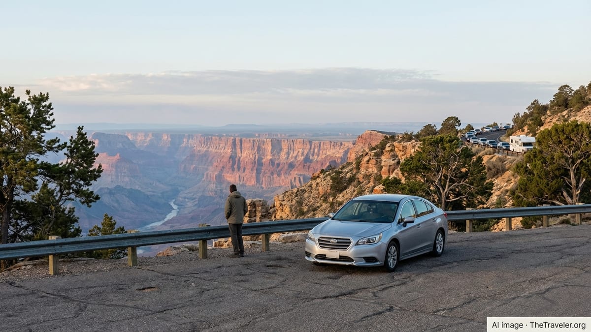Traveler at a Grand Canyon overlook at dawn, with canyon haze and cars along the rim road.