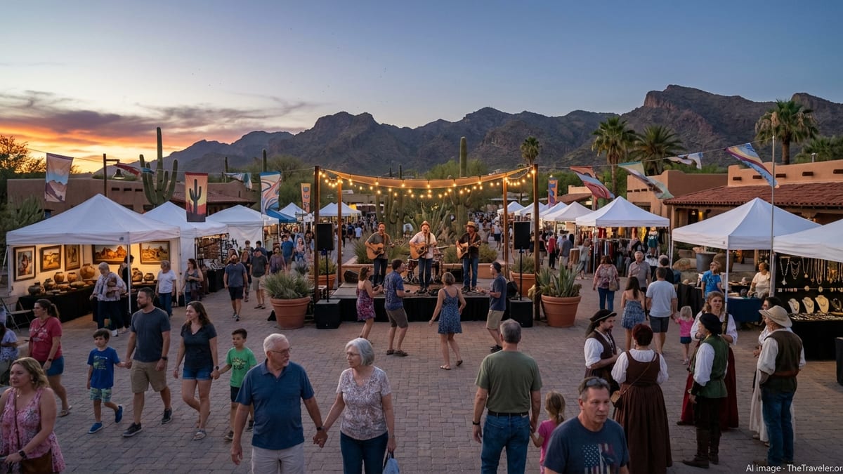 Evening crowd at an outdoor Arizona festival with tents, stage and desert mountains at dusk.
