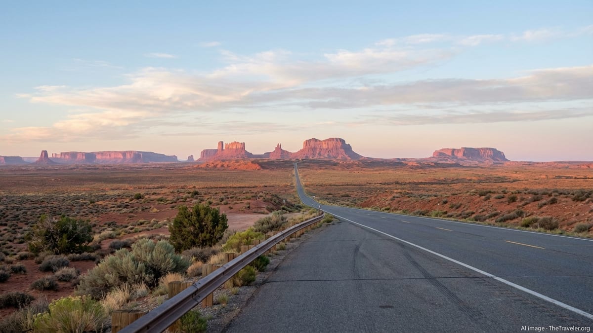 Sunrise over an empty desert highway leading toward Monument Valley buttes in Arizona.