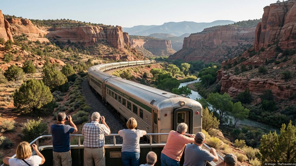 Vintage train curves through an Arizona red rock canyon beside the Verde River at golden hour.