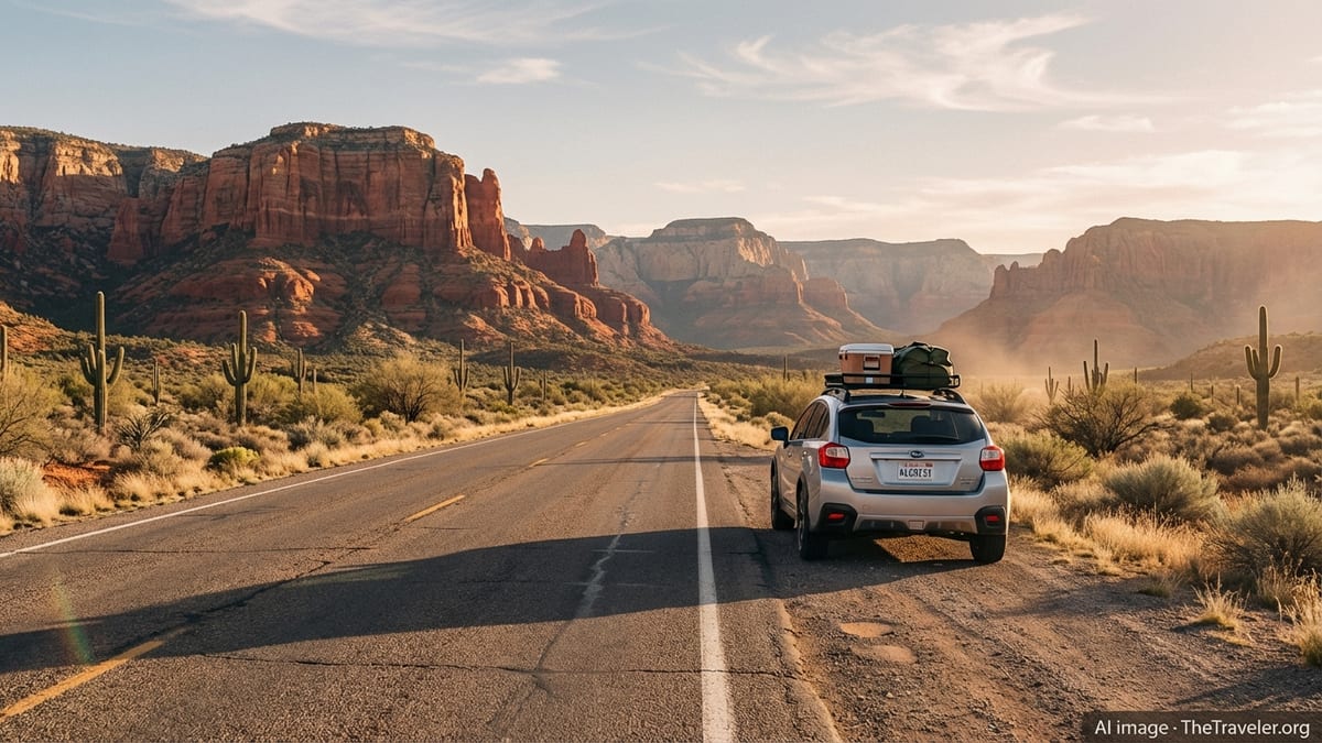 Arizona highway at golden hour leading toward red rock formations and desert mountains.