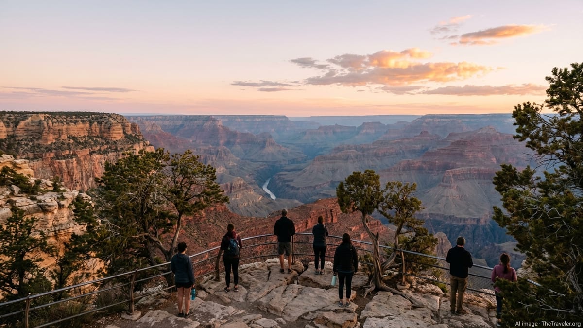 Sunrise over the Grand Canyon’s South Rim with visitors watching from a rocky overlook.