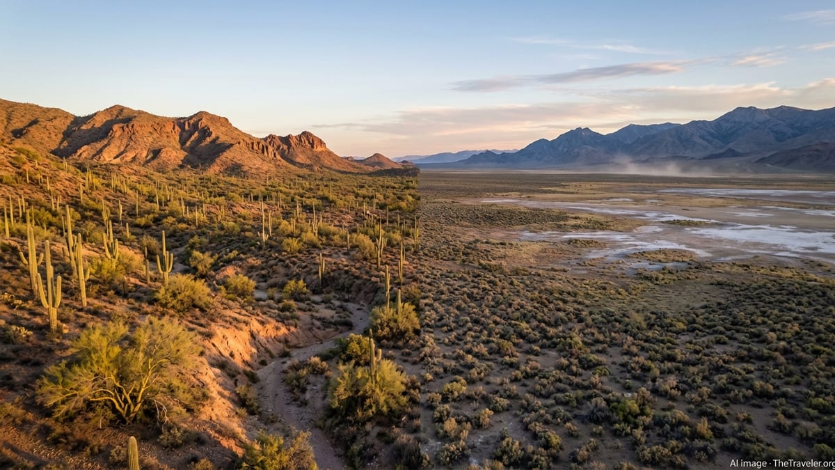 Aerial view contrasting Arizona’s saguaro-filled Sonoran Desert with Nevada’s open sagebrush basin and distant mountains at a