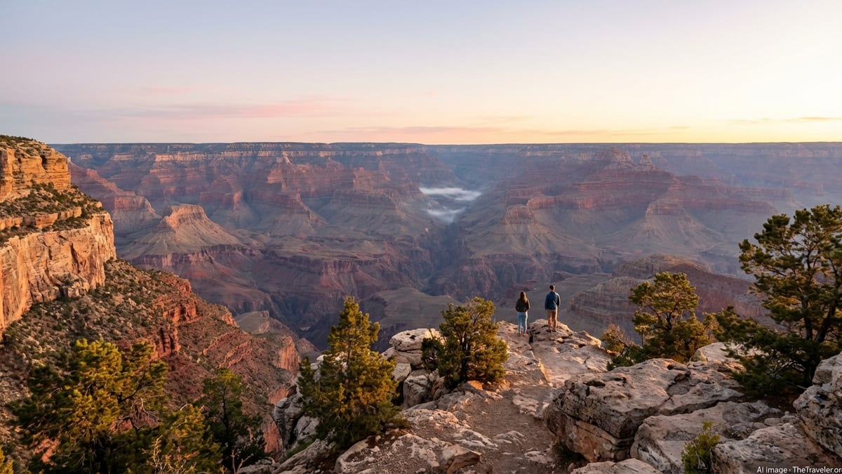 Sunrise over the Grand Canyon in Arizona with visitors standing on the South Rim.