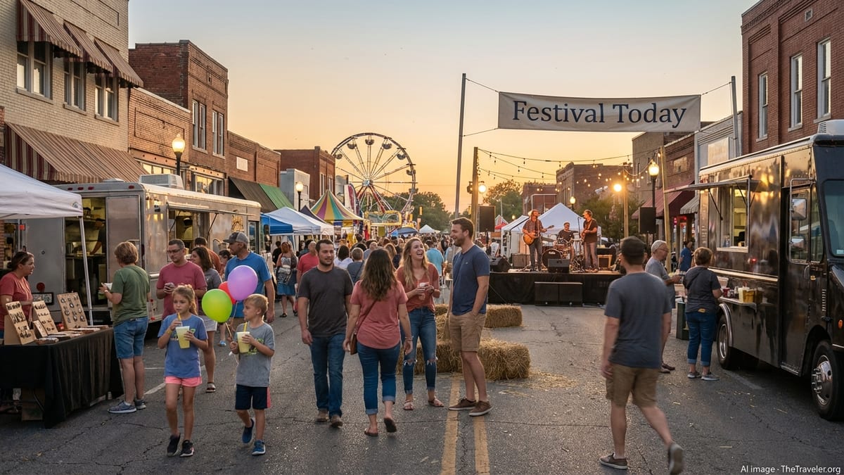 Crowds enjoying food, music and rides at an Arkansas downtown street festival at sunset.