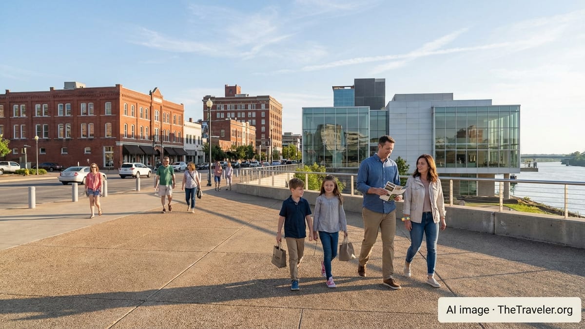 Family walking through downtown Little Rock with attraction wristbands on a sunny afternoon.
