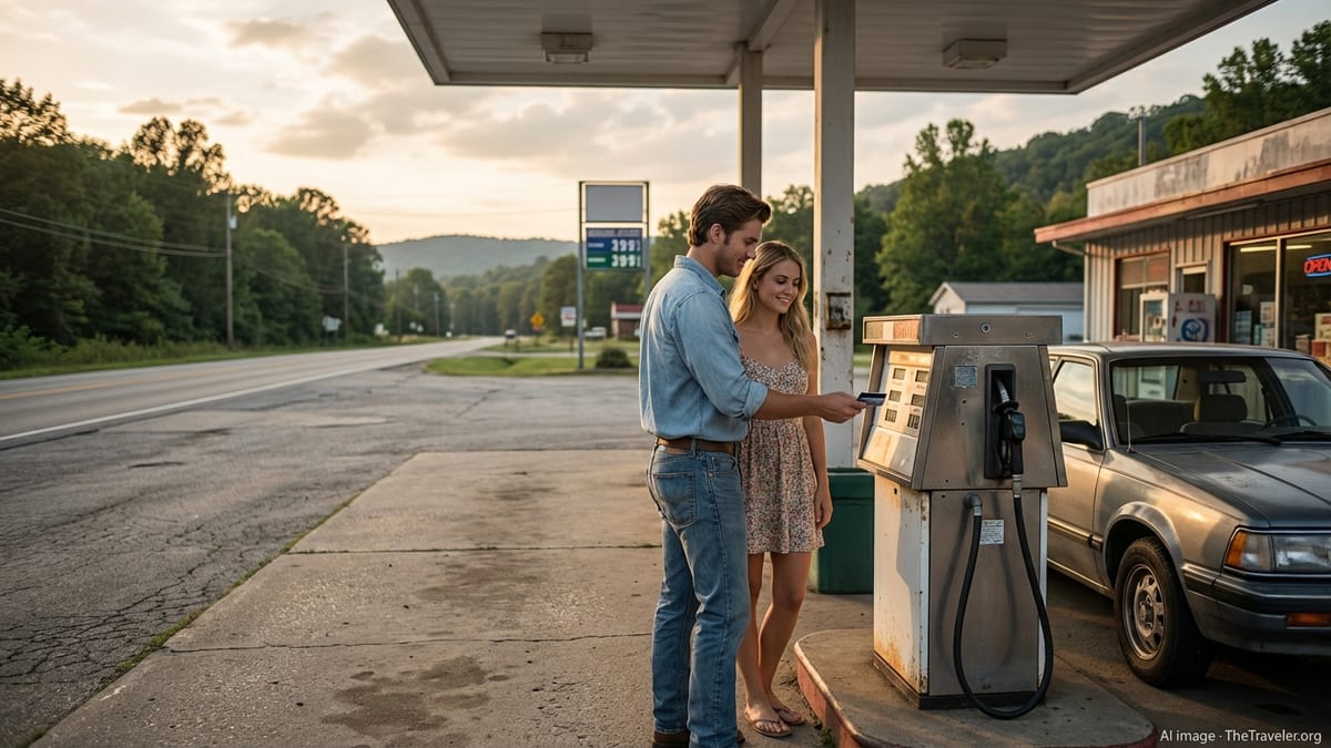 Arkansas couple paying for gas with a credit card at a small-town station at sunset.