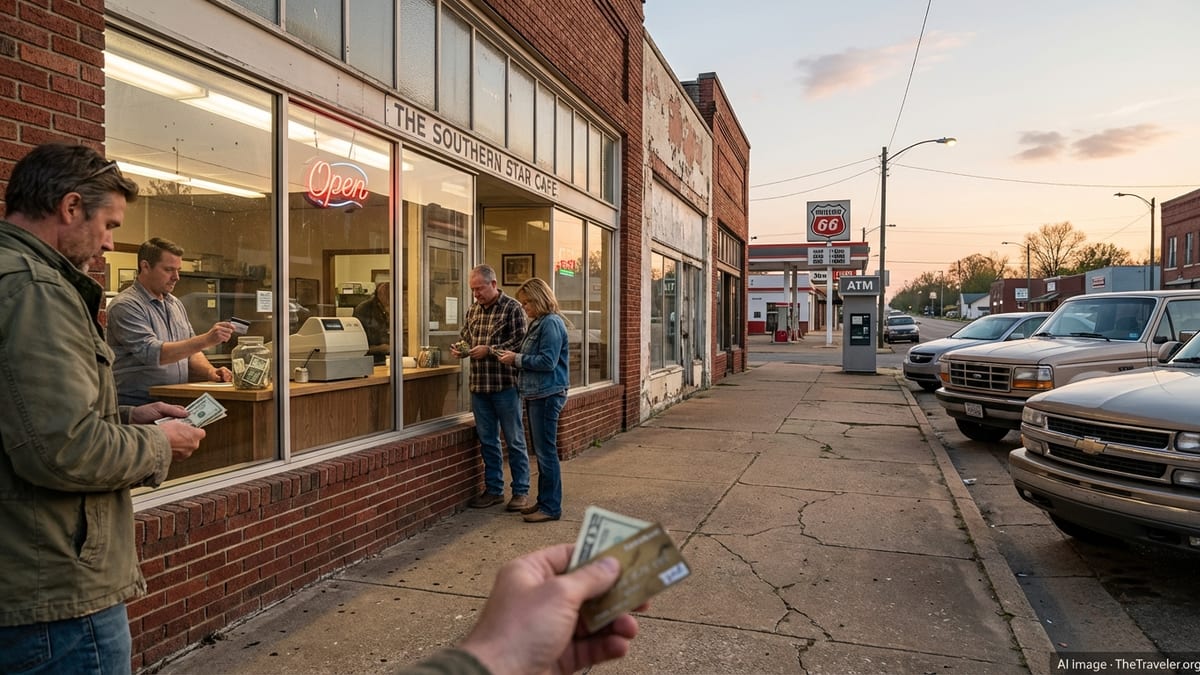 Traveler holding cash and card outside a small-town Arkansas diner at sunset.