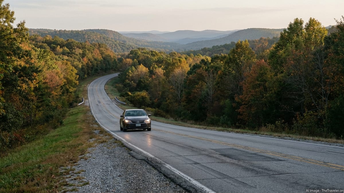 Car driving along a winding highway through forested hills in the Arkansas Ozarks.