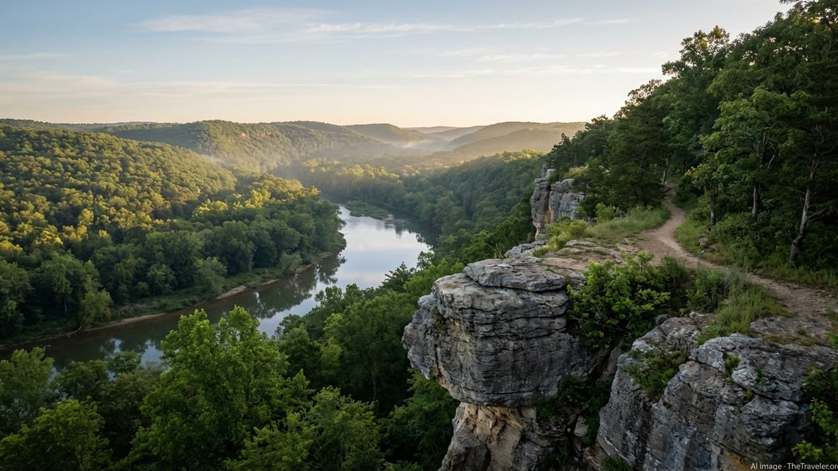 Morning view over forested Ozark Mountains and a winding river from a rocky bluff in Arkansas.