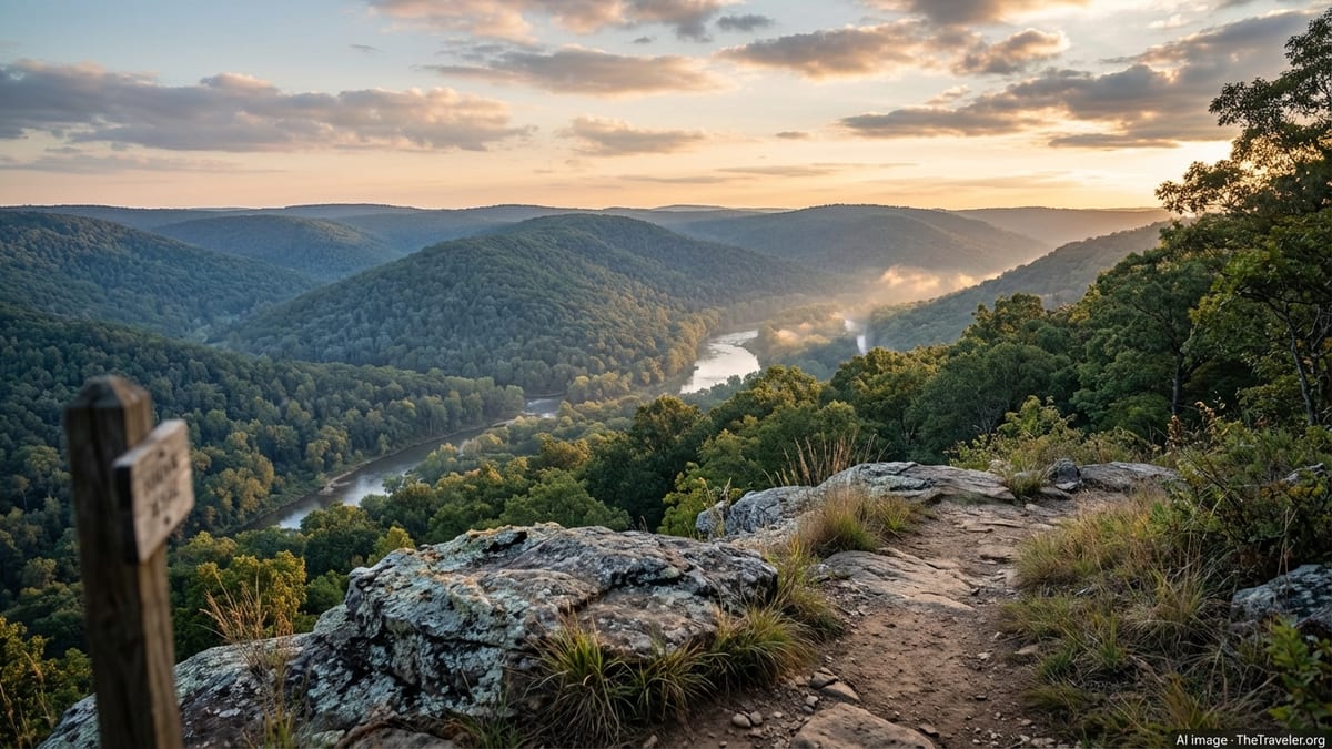 Golden hour view over forested Ozark Mountains and a winding river from a rocky Arkansas overlook.