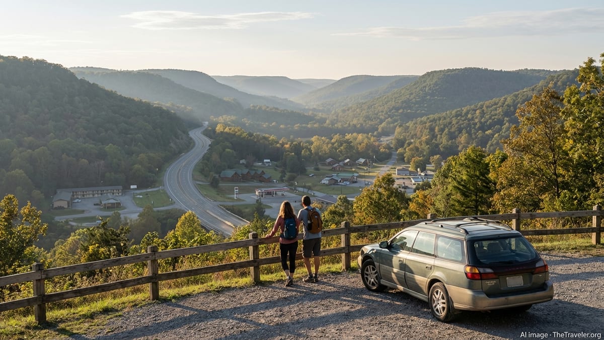 Couple at an overlook in the Arkansas Ozarks looking over a small town at sunset.