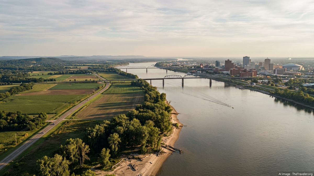 Aerial view of the Mississippi River dividing urban Tennessee and rural Arkansas at sunset.