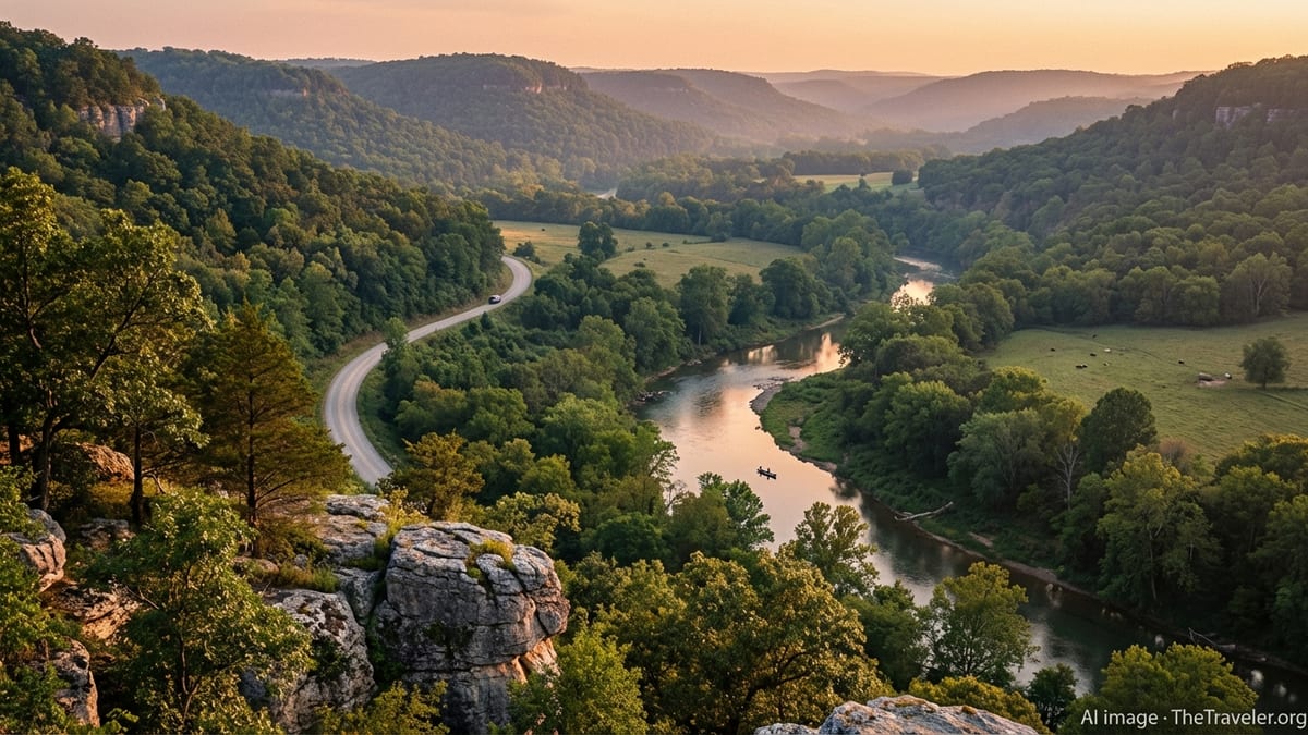 Ozark Mountains valley in Arkansas at golden hour with river and winding road.
