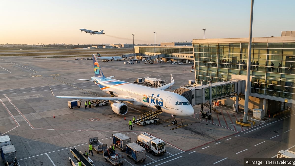 Arkia jet at Tel Aviv Ben Gurion gate at sunset with ground crew and terminal views.