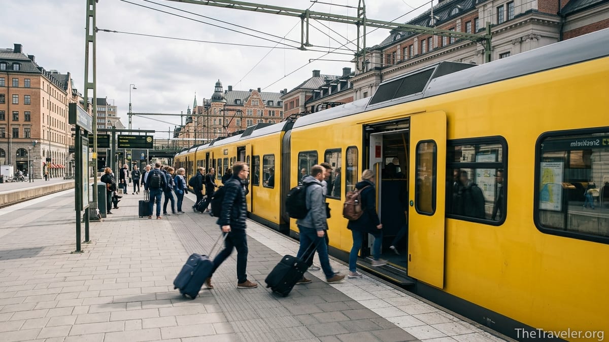 Arlanda Express train at Stockholm Central Station with passengers boarding on a cloudy day.