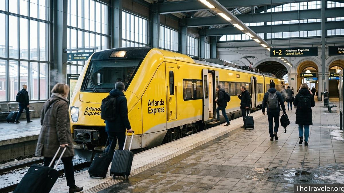 Passengers boarding a yellow Arlanda Express train at Stockholm Central Station platform.
