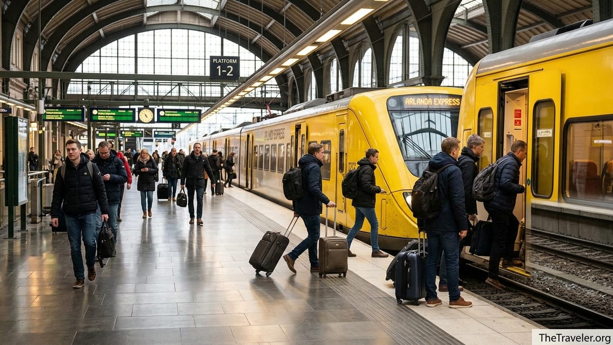 Passengers boarding a yellow Arlanda Express train at Stockholm Central Station platform.
