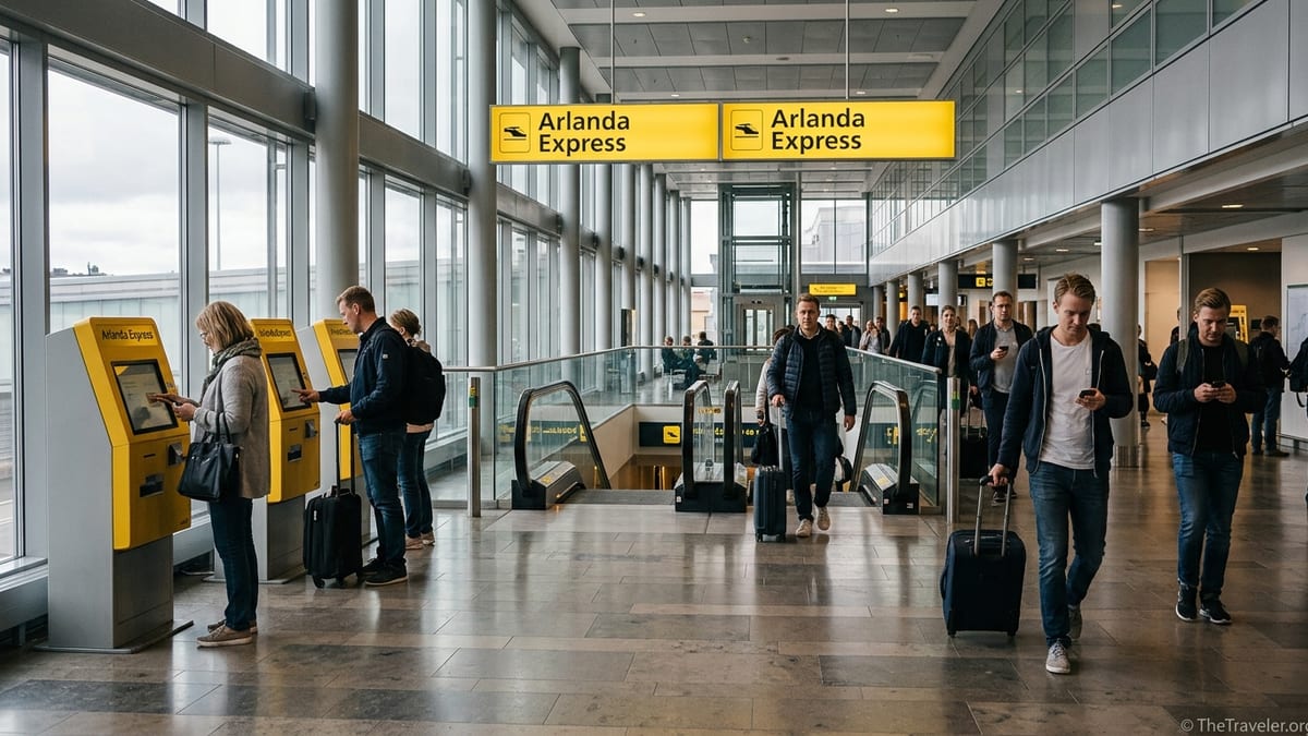 Travelers at Stockholm Arlanda Airport walking toward Arlanda Express ticket machines and platform signs.