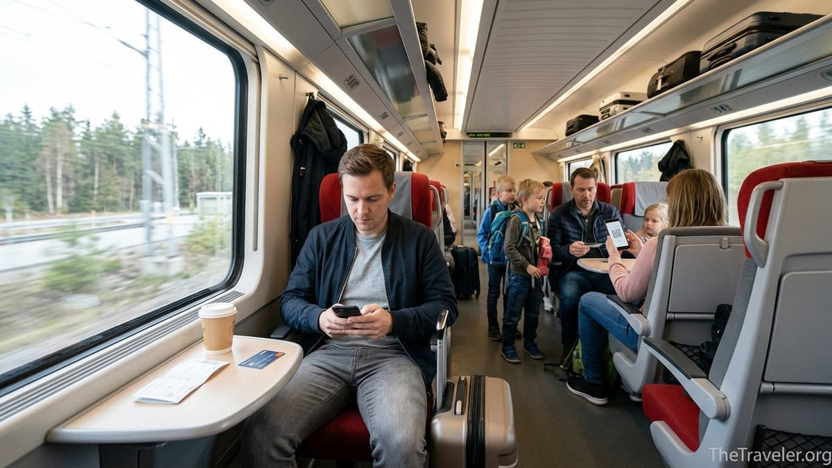 Passengers checking tickets inside an Arlanda Express train between Arlanda Airport and Stockholm.