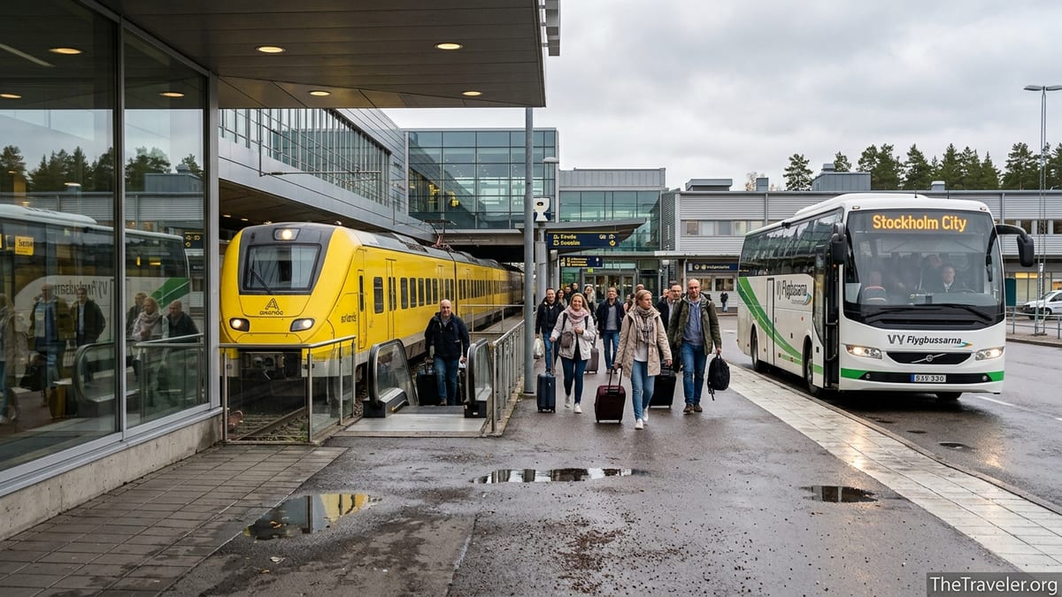Travelers choosing between Arlanda Express train and Vy Flygbussarna bus at Stockholm Arlanda Airport.